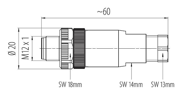 Rysunek z wymiarami 99 0437 115 05 - M12 Męskie złącze kablowe proste, Kontaktów: 5, 4,0-6,0 mm, nieekranowany, zacisk śrubowy, IP67