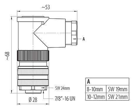 Výkres v měřítku 7/8" Úhlový box, : 3+PE, 8,0-10,0 mm, nestíněný, šroubovací svorka, IP67, UL 2238, VDE
