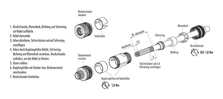 Montageanleitung M12 Kabeldose, Polzahl: 12, 6,0-8,0 mm, schirmbar, löten, IP67, UL 2238, mit Schirmring