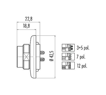 Maßzeichnung M25 Flanschstecker, Polzahl: 5, schirmbar, löten, IP40, Frontmontage