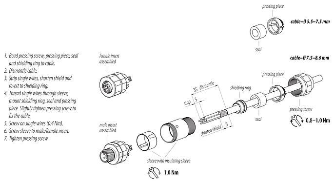Montážní návod M12 Zástrčka kabelu, : 5, 5,5-8,6 mm, stínitelné, šroubovací svorka, IP68/IP69K, UL 2238, Ecolab, Nerezová ocel, s ochranným kroužkem