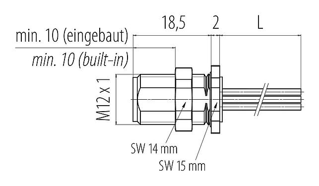 Méretarányos rajz 76 1031 1011 00005-0200 - M12 panelre szerelhető csatlakozó, : 5, árnyékolatlan, sodrott vezeték, IP68, UL 2238, M12x1,0, hátsó panel felszerelés