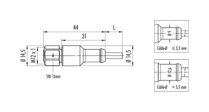 Scale drawing M12 Female cable connector, Contacts: 12, unshielded, moulded on the cable, IP67/IP69K, Ecolab, FDA compliant, Special TPE, grey, 12 x 0.25 mm², stainless steel, 2 m