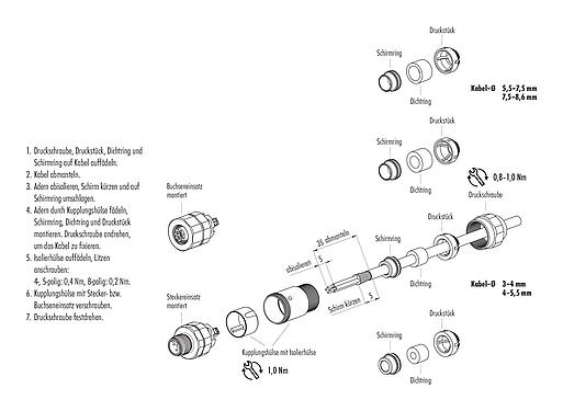 Montageanleitung M12 Kabelstecker, Polzahl: 8, 5,5-8,6 mm, schirmbar, schraubklemm, IP68/IP69K, UL 2238, Edelstahl, mit Schirmring