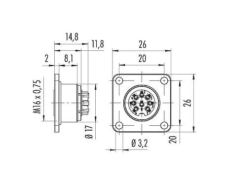 Scale drawing 09 0116 370 05 - M16 Square female panel mount connector, Contacts: 5 (05-a), unshielded, crimping (Crimp contacts must be ordered separately), IP67, UL