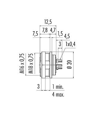 Scale drawing M16 Female panel mount connector, Contacts: 8 (08-a), unshielded, THT, IP68, UL 2238, AISG compliant, M18x0,75, Rear mounting