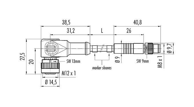 Scale drawing M12/M8 Male cable connector - female angled connector, Contacts: 3, unshielded, moulded on the cable, IP67/IP69K, UL 2238, PUR, black, 3 x 0.34 mm², 2 m