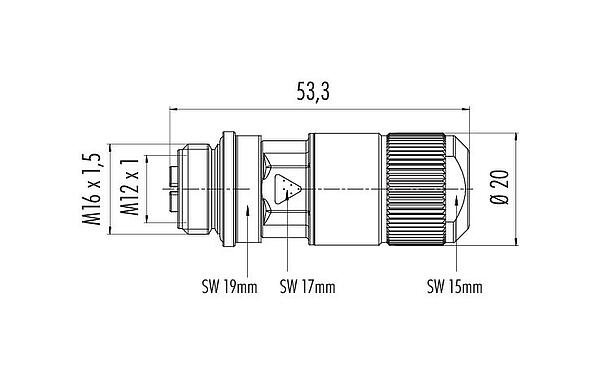 스케일 드로잉 M12 케이블 소켓, 콘택트 렌즈: 8, 5.5-9.0mm, 차폐 가능, IDC, IP67