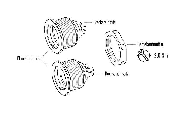 Einzelteildarstellung Push Pull Flanschstecker, Polzahl: 14, schirmbar, löten, IP67, M21x1,0, Frontmontage
