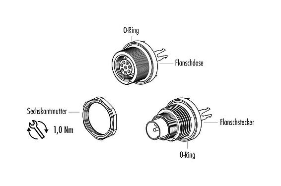 Einzelteildarstellung M9 Flanschdose, Polzahl: 8, schirmbar, THT, IP67, M12x0,5, Rückwandmontage
