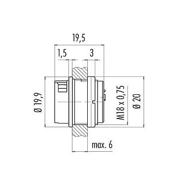 Scale drawing Bayonet Female panel mount connector, Contacts: 5, unshielded, solder, IP40, M18x0,75, Front mounting