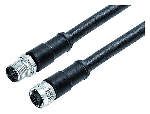 Illustration M12 Câble de raccordement connecteur mâle - connecteur femelle, Contacts: 2+PE, non blindé, surmoulé sur le câble, IP68, UL 2238, PUR, noir, 3 x 1,50 mm², 2 m