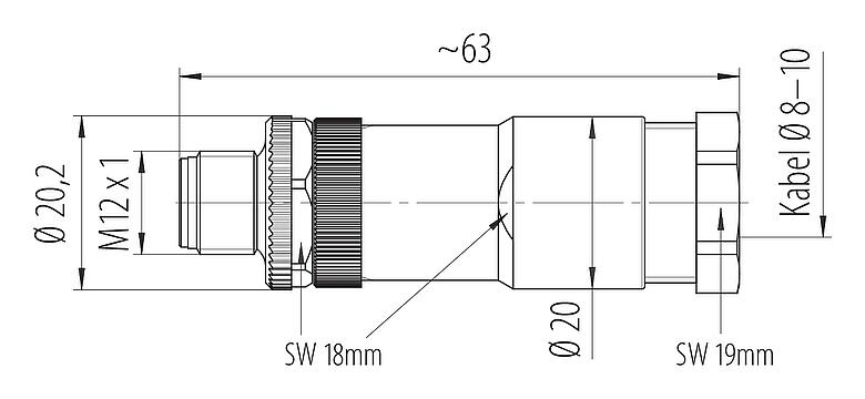 Maßzeichnung M12 Kabelstecker, Polzahl: 4, 8,0-10,0 mm, ungeschirmt, schraubklemm, IP67, UL 2238, VDE