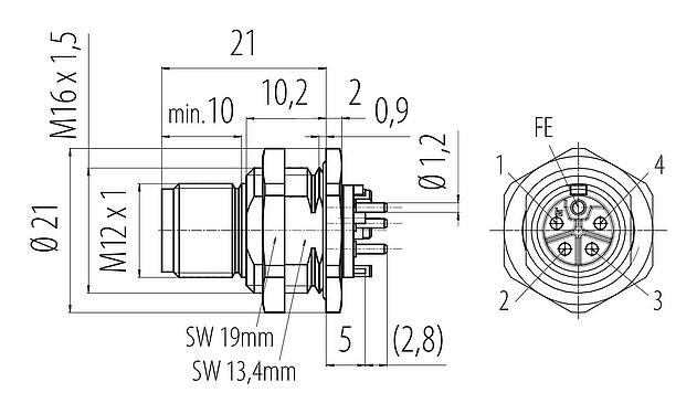 Dibujo a escala M12 Enchufe de brida, Número de contactos: 4+FE, sin blindaje, THR, IP67, UL 2238, M16x1,5, Montaje en pared