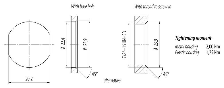 Muestra de montaje 7/8" Enchufe de brida, Número de contactos: 2+PE, sin blindaje, hilos, IP68, UL 2238, VDE, Montaje frontal