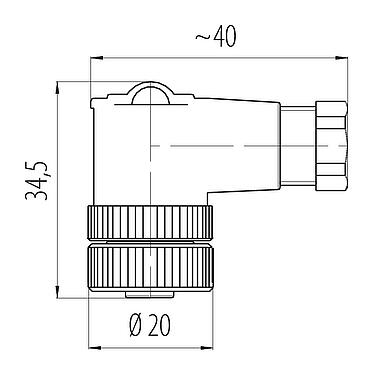 Dessin coté M12 Connecteur femelle coudé, Contacts: 2+PE, 4,0-6,0 mm, non blindé, pince à visser, IP67, UL