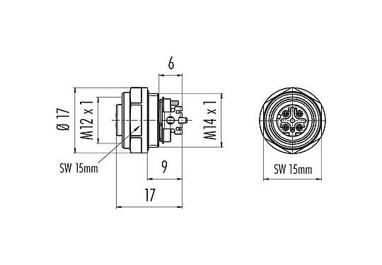 스케일 드로잉 99 3732 401 04 - M12 플랜지 리셉터클, 콘택트 렌즈: 4, 차폐 가능, SMT, IP67