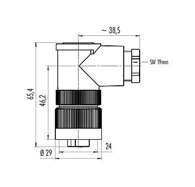 Scale drawing RD24 Female angled connector, Contacts: 6+PE, 8.0-10.0 mm, unshielded, solder, IP67, UL, ESTI+, VDE, PG 11