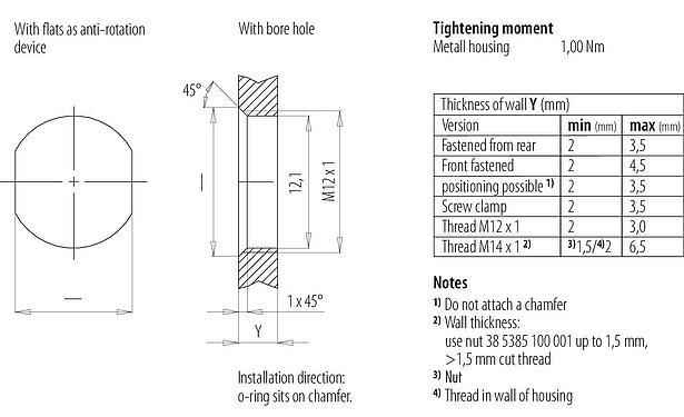 Muestra de montaje M12 Enchufe de brida, Número de contactos: 5, sin blindaje, THT, IP68, UL 2238, M12x1,0, Montaje en pared