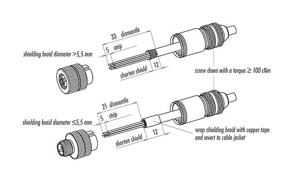 조립 지침 99 1632 812 04 - M12 케이블 소켓, 콘택트 렌즈: 4, 8.0-9.0mm, 차폐 가능, 나사 클램프, IP67, UL
