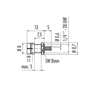 Scale drawing Snap-In Male panel mount connector, Contacts: 4, unshielded, THT, IP40, 1/4" 28 UNF, Front mounting