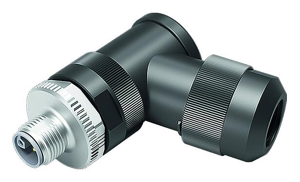 Ilustración M12 Conector macho en ángulo, Número de contactos: 4+FE, 8,0-13,0 mm, sin blindaje, tornillo extraíble, IP67, M12x1,0, para la fuente de alimentación (potencia), UL 2237 en preparación, con conexión de PE