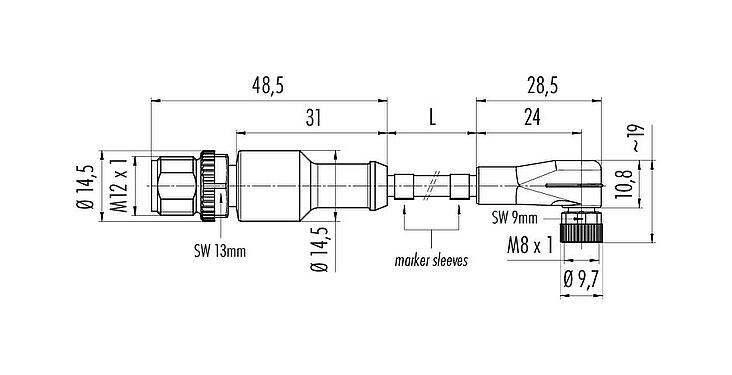 Scale drawing M12/M8 Male cable connector - female angled connector, Contacts: 4, unshielded, moulded on the cable, IP67/IP69K, UL 2238, PUR, black, 4 x 0.34 mm², 2 m