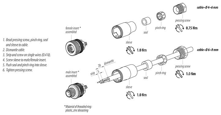 Instrucción de montaje M12 Conector de cable macho, Número de contactos: 5, 6,0-8,0 mm, sin blindaje, tornillo extraíble, IP67, UL 2238