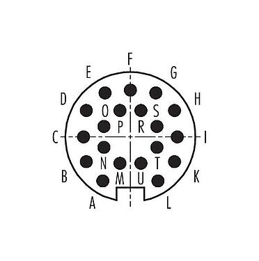 Polbild (Steckseite) Push Pull Flanschstecker, Polzahl: 19, ungeschirmt, löten, IP40, M21x1,0, Frontmontage