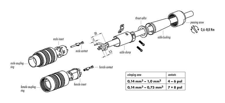 Instructions de montage M16 Connecteur mâle, Contacts: 4 (04-a), 6,0-8,0 mm, blindable, sertir (Les contacts à sertir doivent être commandés séparément), IP40