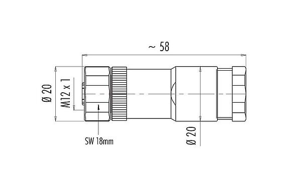 Dibujo a escala M12 conector dúo de cable hembra, Número de contactos: 8, 2.1-3.0 mm (2 Cable) o 4-5 mm (2 Cable), sin blindaje, tornillo extraíble, IP67, UL 2238