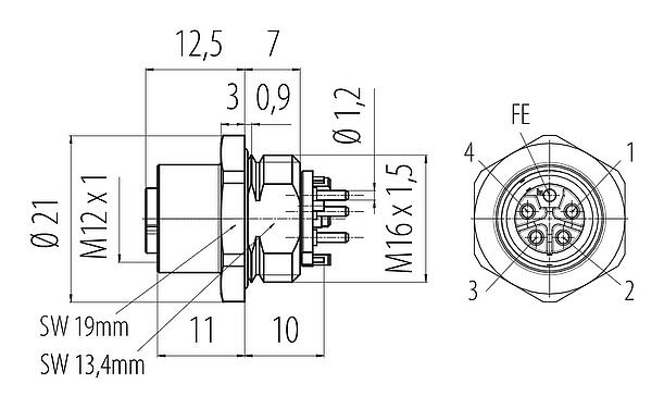 Dibujo a escala M12 Toma de brida, Número de contactos: 4+FE, sin blindaje, THR, IP67, UL 2238, M16x1,5, Montaje frontal