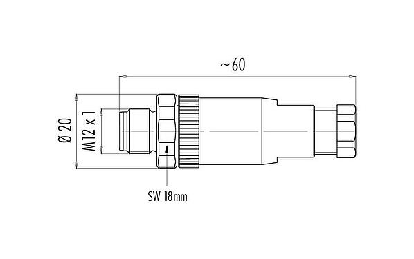 Maßzeichnung M12 Kabelstecker, Polzahl: 4, 6,0-8,0 mm, ungeschirmt, schraubklemm, IP67, UL 2238