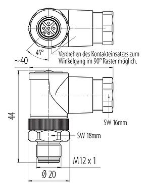 Maßzeichnung M12 Winkelstecker, Polzahl: 5, 6,0-8,0 mm, ungeschirmt, schraubklemm, IP67, UL 2238