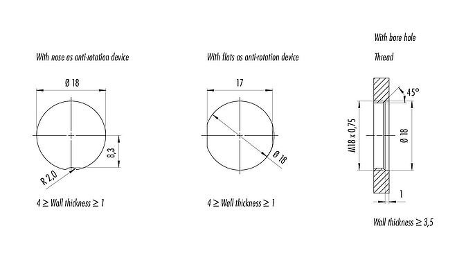 Assembly instructions / Panel cut-out M16 Female panel mount connector, Contacts: 8, shieldable, THR, IP67, M18x0,75, Rear mounting