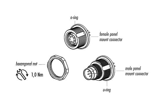 Component part drawing 09 0411 90 04 - M9 Male panel mount connector, Contacts: 4, unshielded, THT, IP67, front fastened