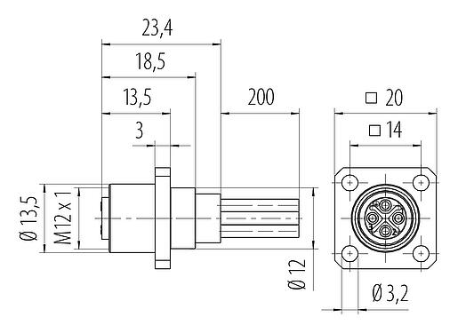 Dessin coté M12 Embase femelle, carré, Contacts: 4, non blindé, fils, IP40, UL 2238, M3 (4x), Montage frontal