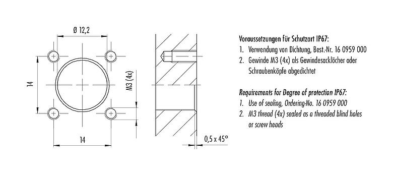Instructions de montage / Découpe du panneau M12 Embase femelle, carré, Contacts: 4, non blindé, fils, IP40, UL 2238, M3 (4x), Montage frontal