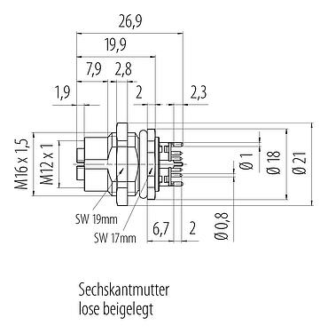 Maßzeichnung M12 Flanschdose, Polzahl: 8, schirmbar, THT, IP67, UL, M16x1,5, Rückwandmontage