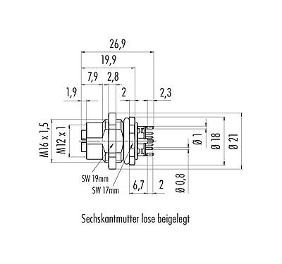 Maßzeichnung 09 3782 91 08 - M12 Flanschdose, Polzahl: 8, schirmbar, THT, IP67, UL, M16x1,5, von vorne verschraubbar