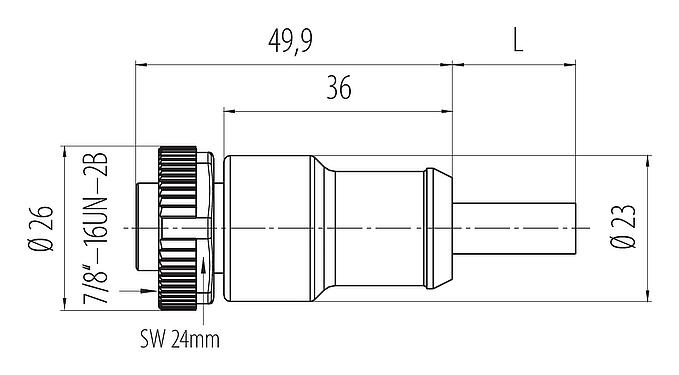 Dessin coté 7/8" Connecteur femelle, Contacts: 4, non blindé, surmoulé sur le câble, IP68, UL 2238, PUR, noir, 4 x 1,50 mm², 2 m