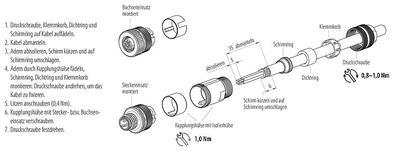 Montageanleitung M12 Kabeldose, Polzahl: 4, 6,0-8,0 mm, schirmbar, schraubklemm, IP67, UL 2238, mit Schirmring