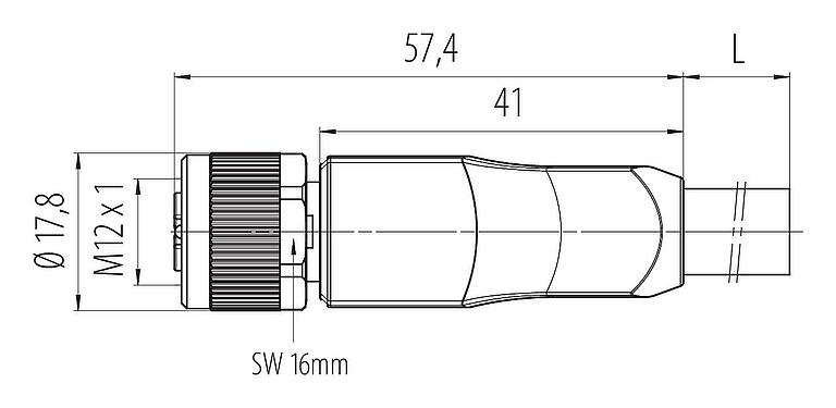 Dibujo a escala 77 0670 0000 50505-0200 - M12 Conector de cable hembra, Número de contactos: 4+PE, sin blindaje, moldeado en el cable, IP68, UL, PUR, negro, 5 x 2,50 mm², 2 m