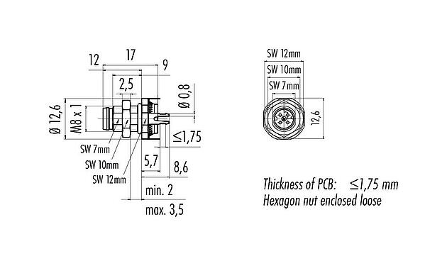 Scale drawing M8 Male panel mount connector, Contacts: 4, shieldable, THT, IP67, M8x1.0, Rear mounting