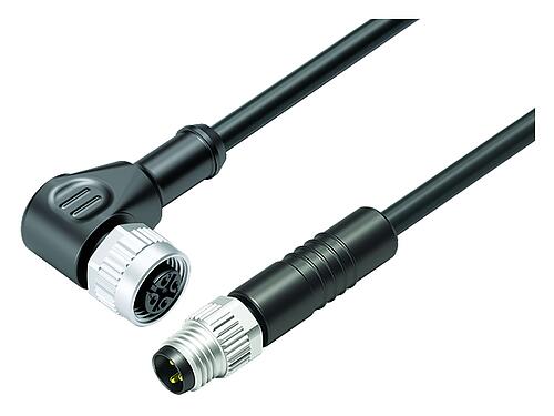 Illustration M12/M8 Male cable connector - female angled connector, Contacts: 3, unshielded, moulded on the cable, IP67/IP69K, UL 2238, PUR, black, 3 x 0.34 mm², 2 m
