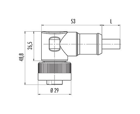 Dibujo a escala RD24 Conector hembra en ángulo, Número de contactos: 3+PE, sin blindaje, moldeado en el cable, IP67, PVC, negro, 4 x 1,50 mm², 2 m