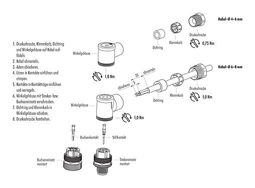 Montageanleitung M12 Winkeldose, Polzahl: 4, 6,0-8,0 mm, ungeschirmt, crimpen (Crimpkontakte müssen separat bestellt werden), IP67, UL 2238