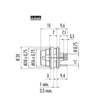 Scale drawing 09 0127 290 07 - M16 Male panel mount connector, Contacts: 7 (07-a), shieldable, THT, IP68, UL, front fastened