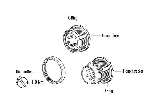 Einzelteildarstellung M16 Flanschdose, Polzahl: 4 (04-a), ungeschirmt, THT, IP67, UL 2238, M18x0,75, Rückwandmontage