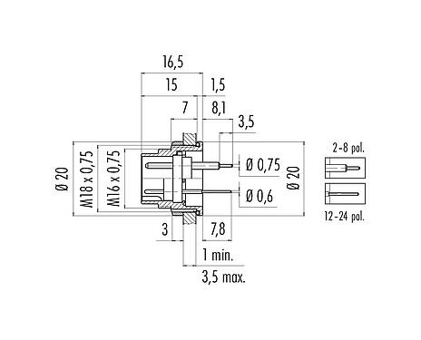 Scale drawing 09 0119 90 05 - M16 Male panel mount connector, Contacts: 5 (05-b), unshielded, THT, IP67, UL, front fastened